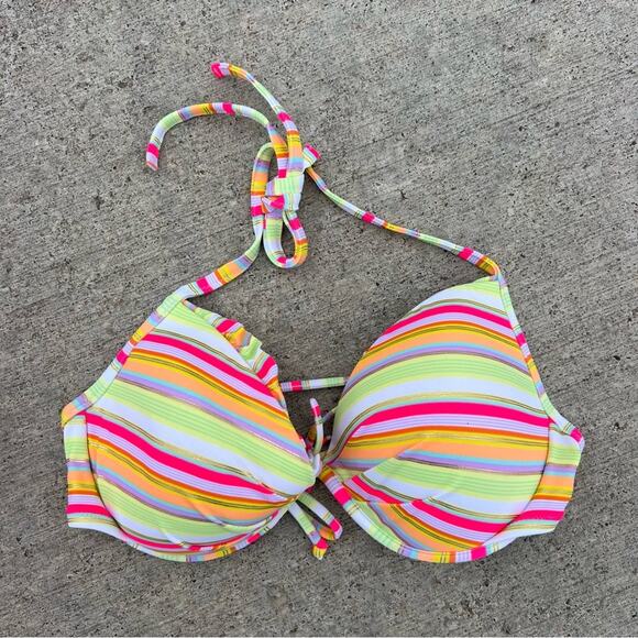 Victoria’s Secret 34DD Neon Sherbet Stripe Ruffle Pushup Halter Bikini Top Swim - Picture 1 of 4